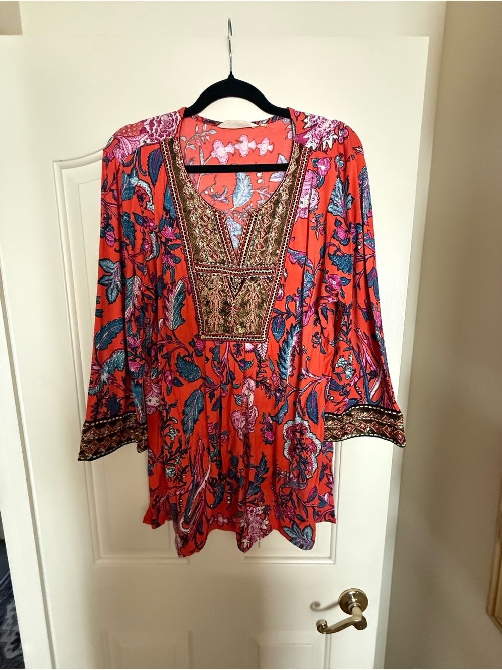 Soft Surroundings Coral Orange Floral Embroidered V-Neck Tunic